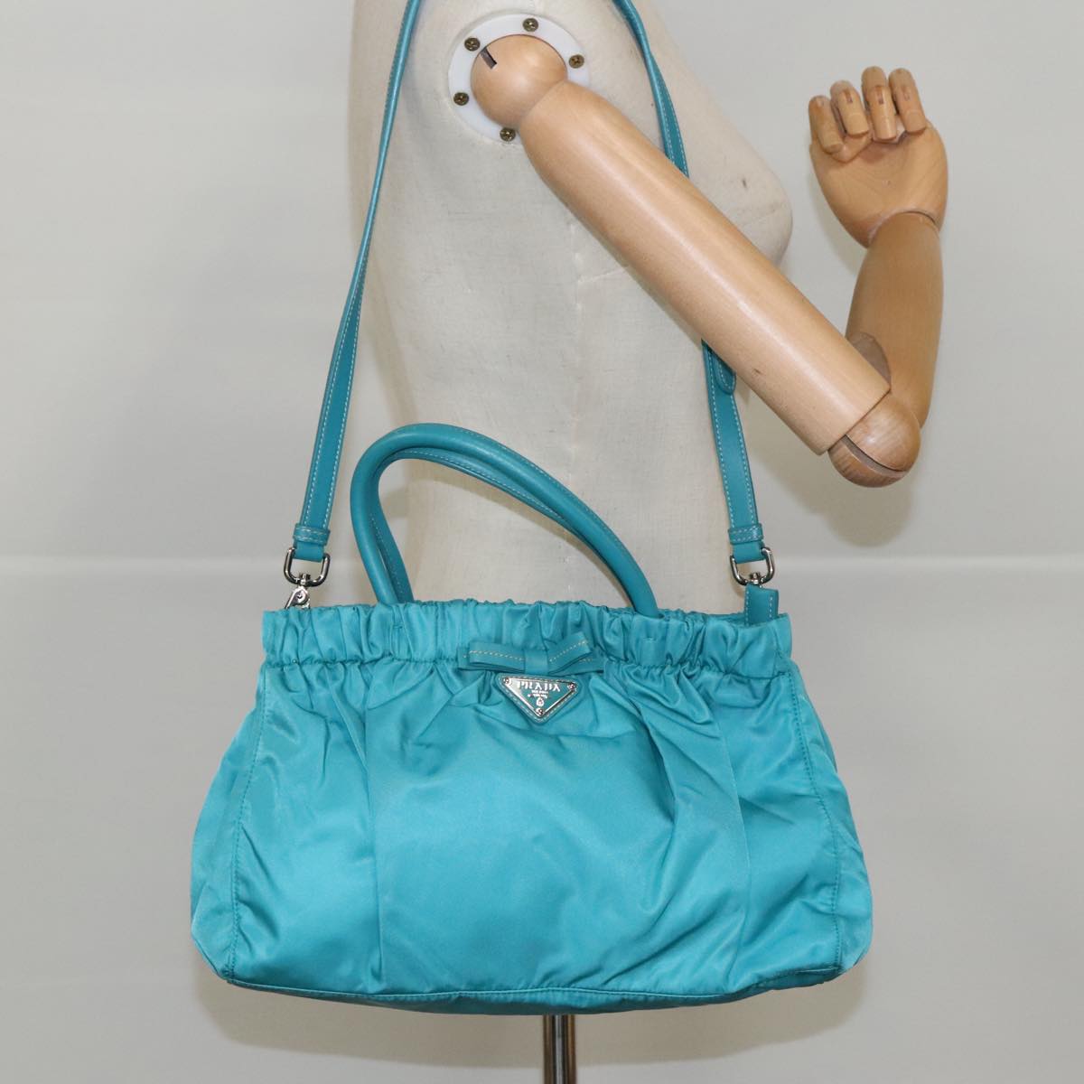 PRADA Hand Bag Nylon 2way Turquoise Blue Silver Auth 95390