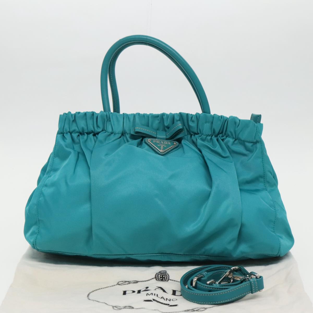 PRADA Hand Bag Nylon 2way Turquoise Blue Silver Auth 95390