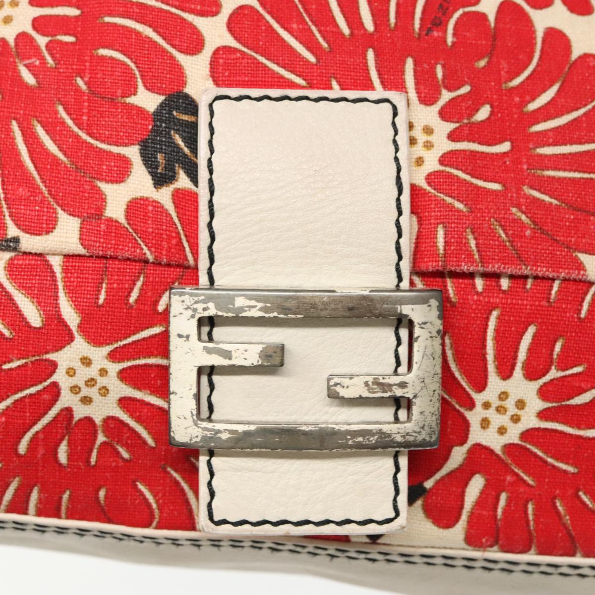 FENDI Mamma Baguette Shoulder Bag Canvas Leather Red White Silver Auth 95392