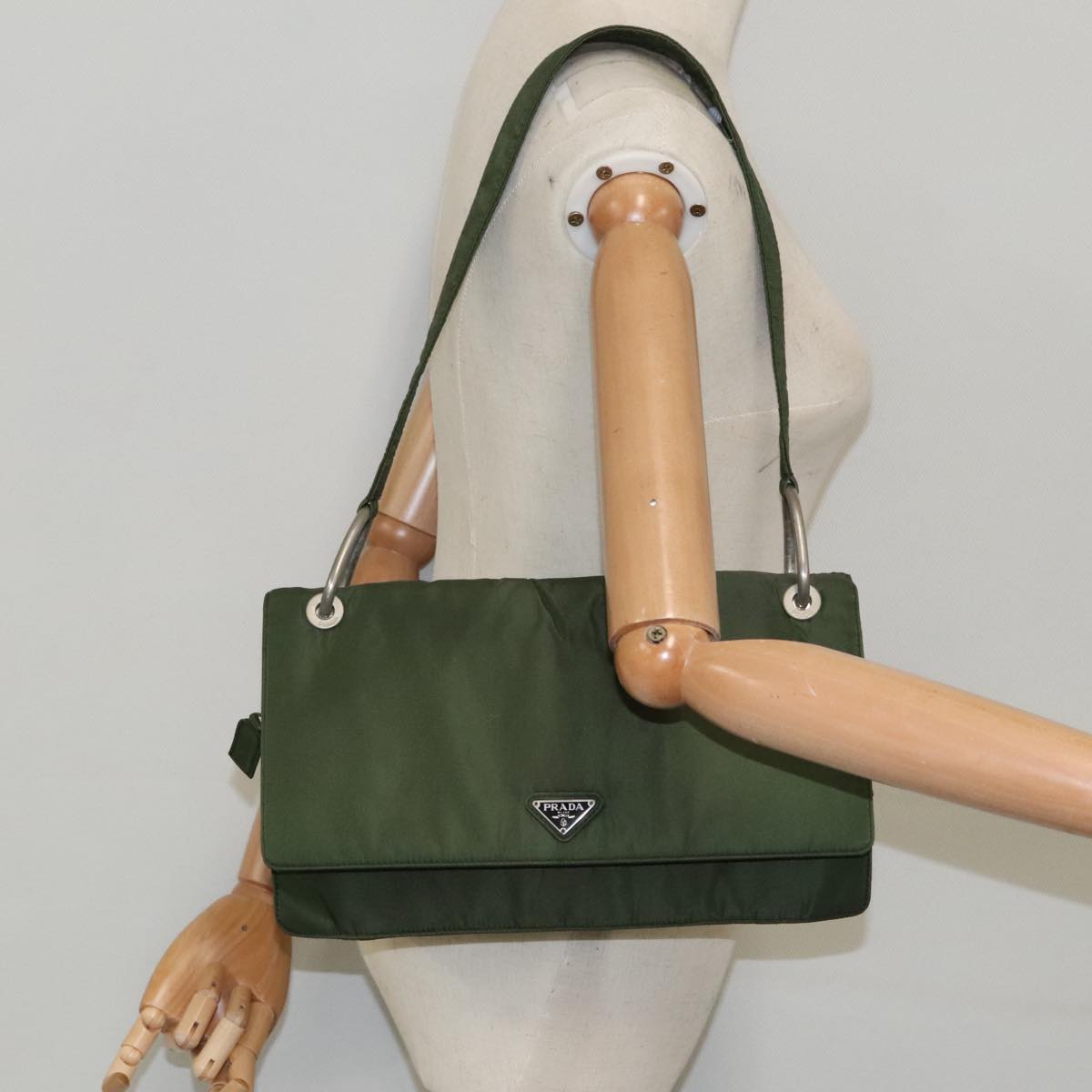 PRADA Shoulder Bag Nylon Khaki Silver Auth 95399