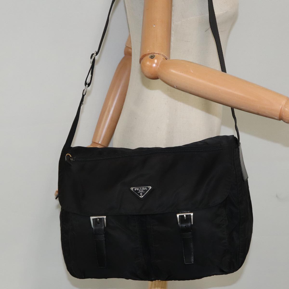 PRADA Shoulder Bag Nylon Black Silver Auth 95408