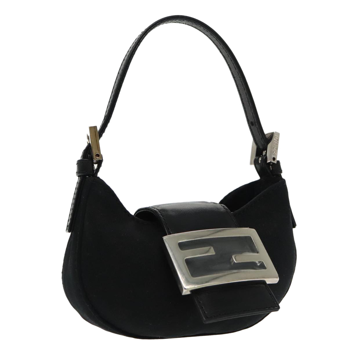 FENDI Mini Croissant Hand Bag Nylon Black Silver Auth 95417