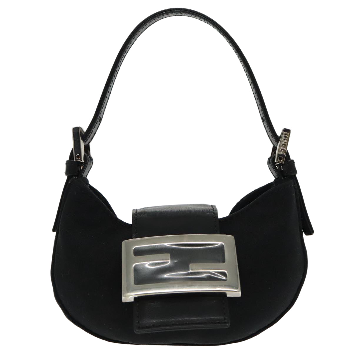 FENDI Mini Croissant Hand Bag Nylon Black Silver Auth 95417