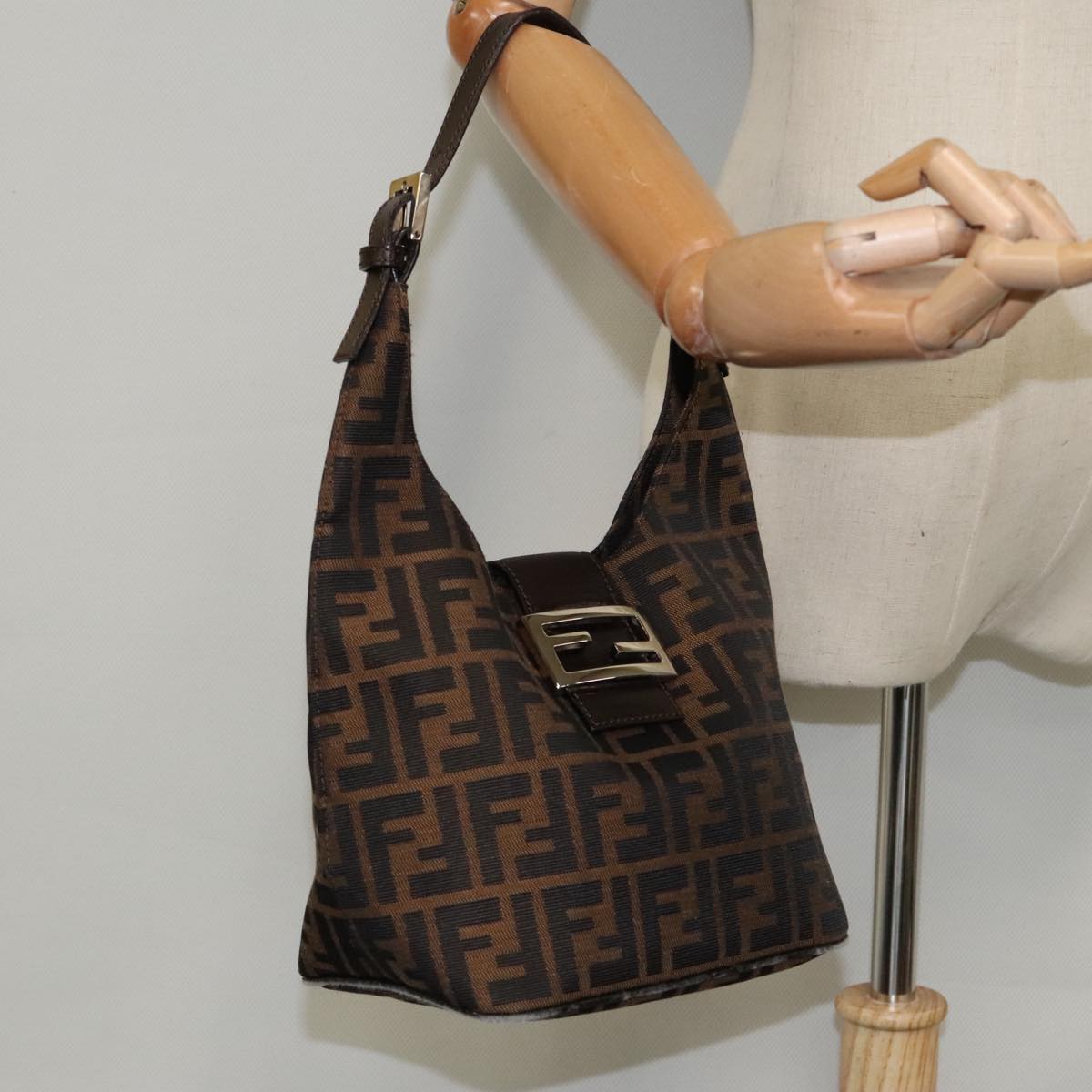 FENDI Zucca Canvas Mamma Baguette Shoulder Bag Brown Black Silver Auth 95448