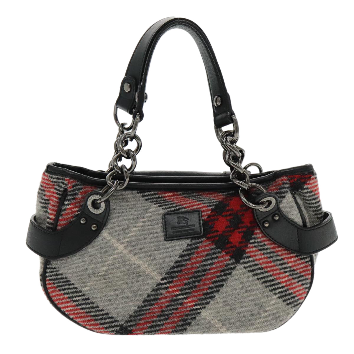 BURBERRY Nova Check Chain Blue Label Hand Bag Wool Gray Silver Auth 95473 - 0