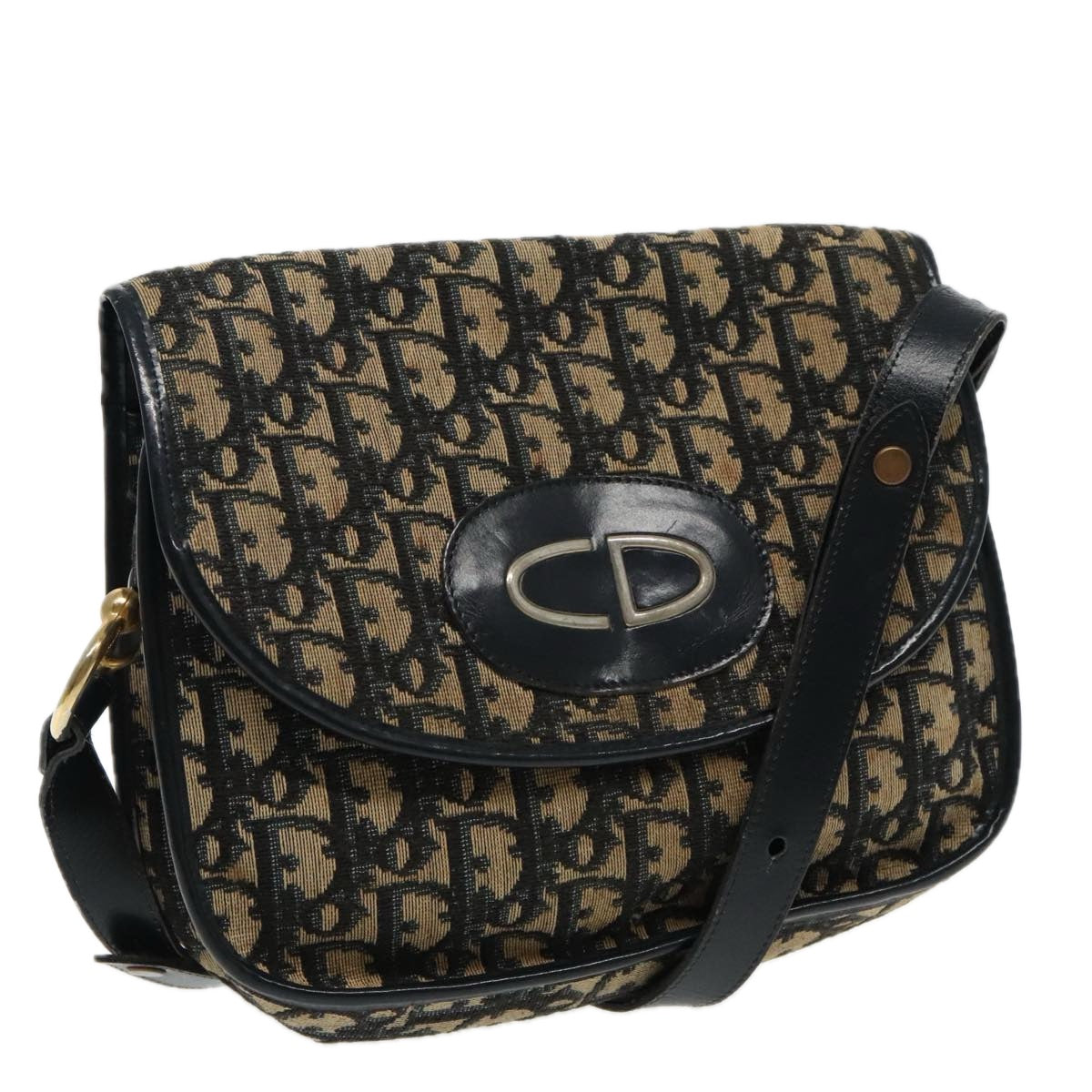 Christian Dior Trotter Canvas Shoulder Bag Navy Gold Auth 95480