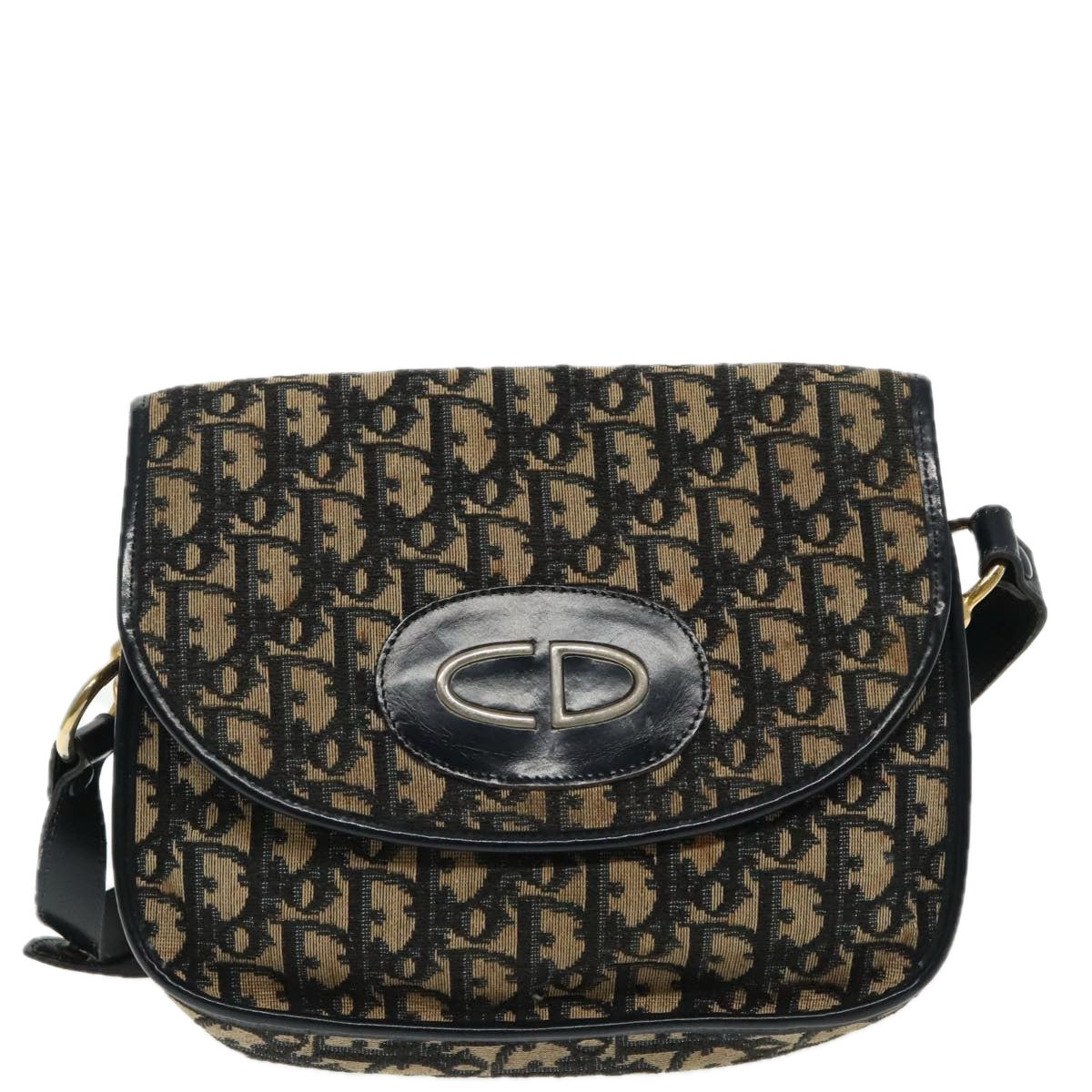 Christian Dior Trotter Canvas Shoulder Bag Navy Gold Auth 95480 - 0