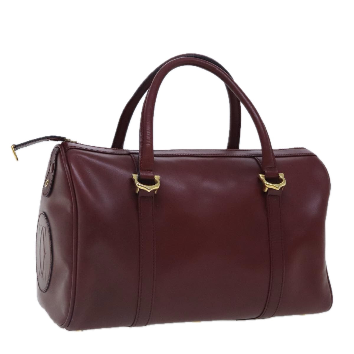 CARTIER Boston Bag Leather Bordeaux Gold Auth 95489