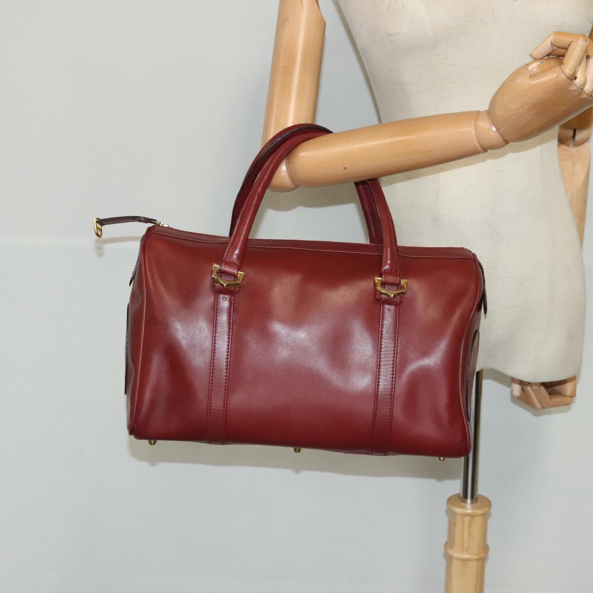 CARTIER Boston Bag Leather Bordeaux Gold Auth 95489