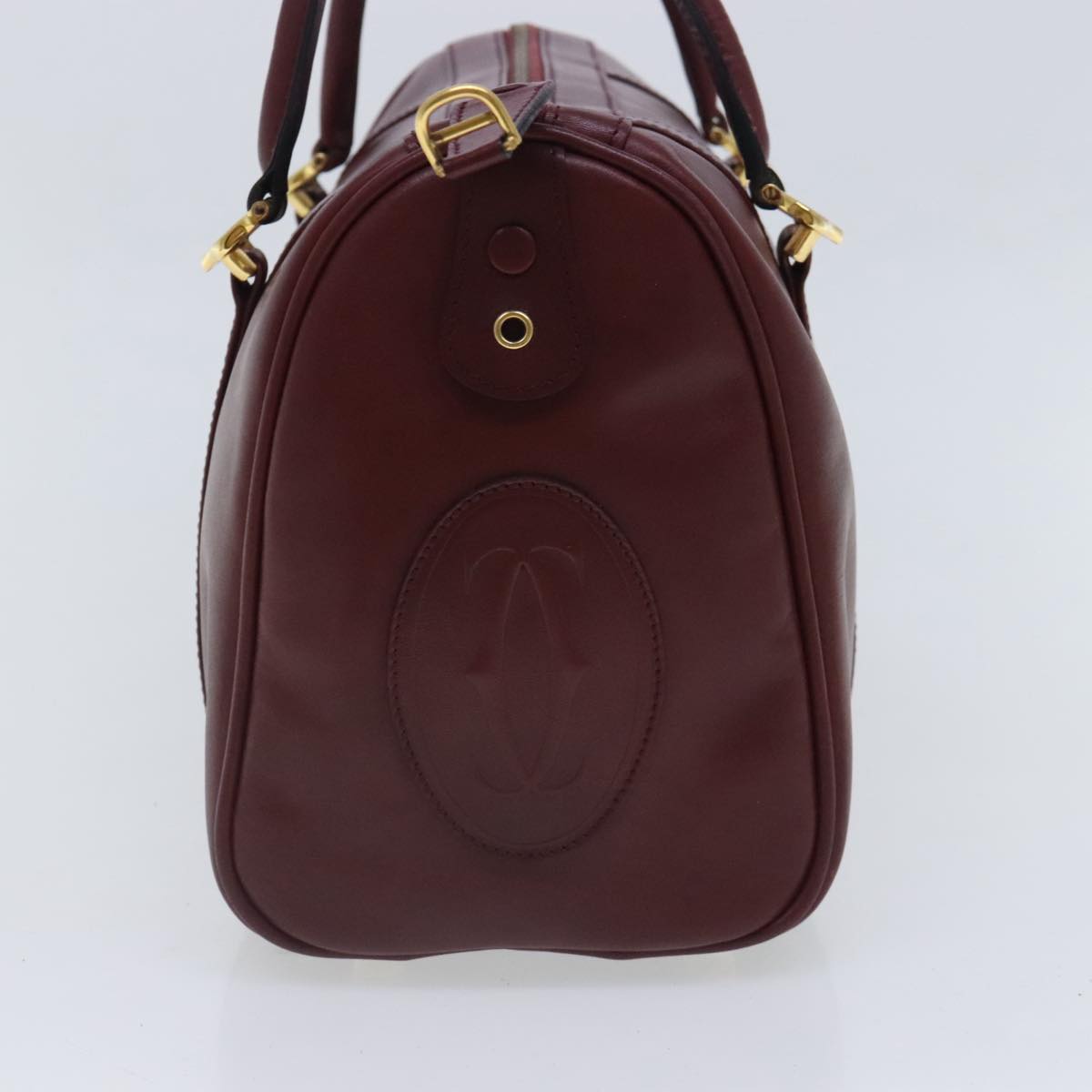 CARTIER Boston Bag Leather Bordeaux Gold Auth 95489