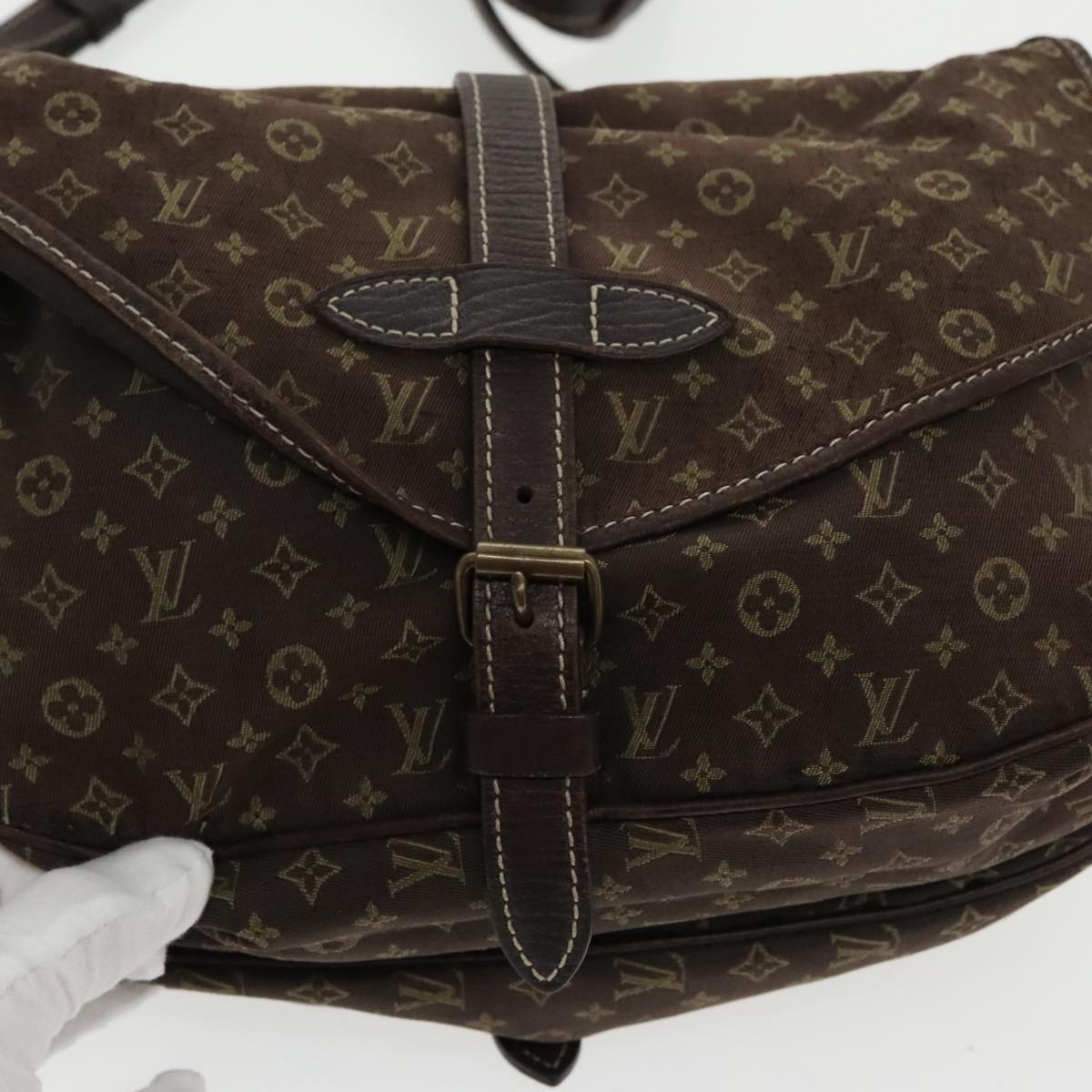 LOUIS VUITTON Monogram Mini Lin Saumur PM Bag Brown Ebene M95227 LV Auth 95493