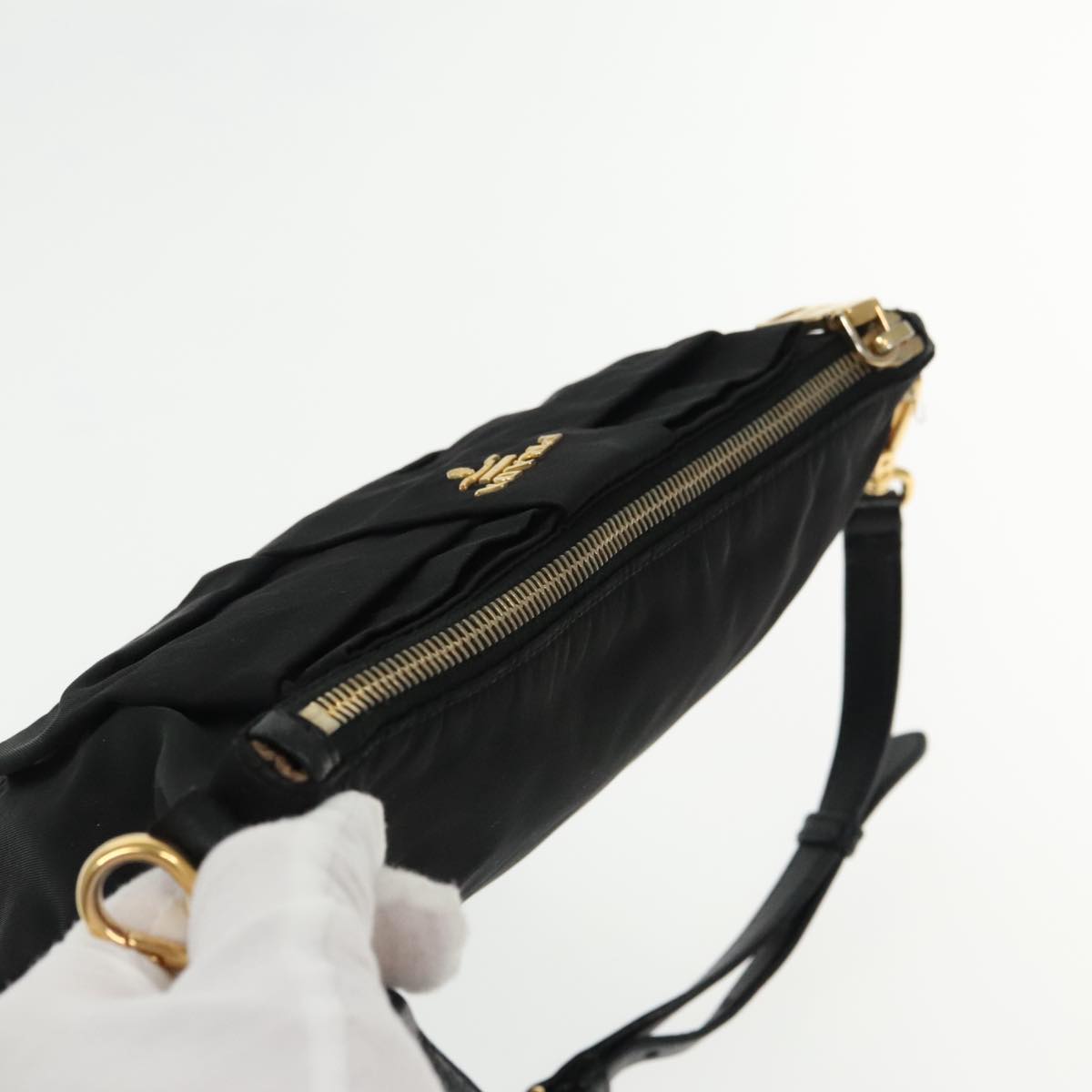 PRADA Shoulder Bag Nylon Black Gold Auth 95494