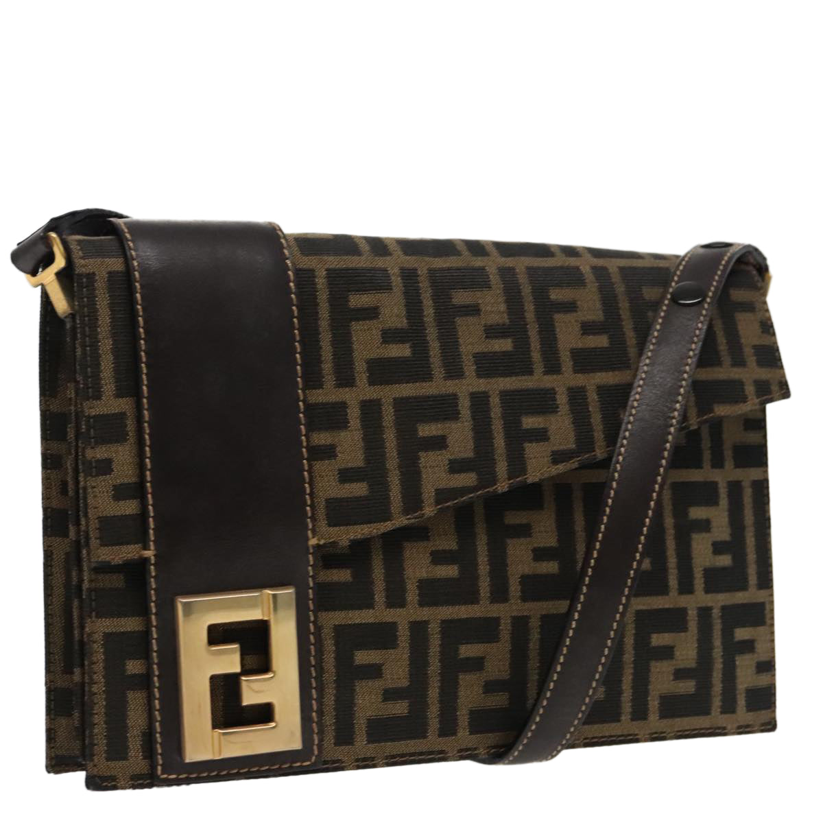 FENDI Zucca Canvas Shoulder Bag Brown Black gold Auth 95519