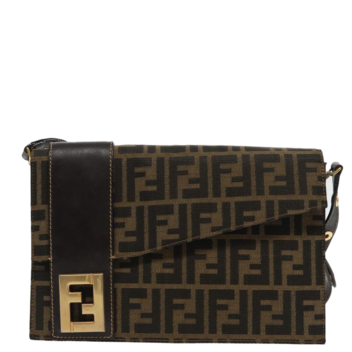 FENDI Zucca Canvas Shoulder Bag Brown Black gold Auth 95519