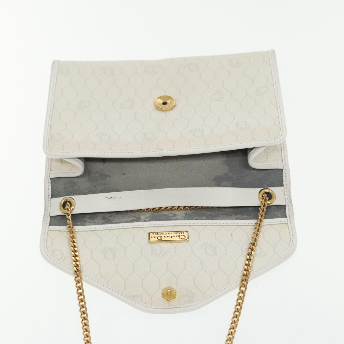 Christian Dior Honeycomb Canvas Chain Shoulder Bag PVC White Gold Auth 95523