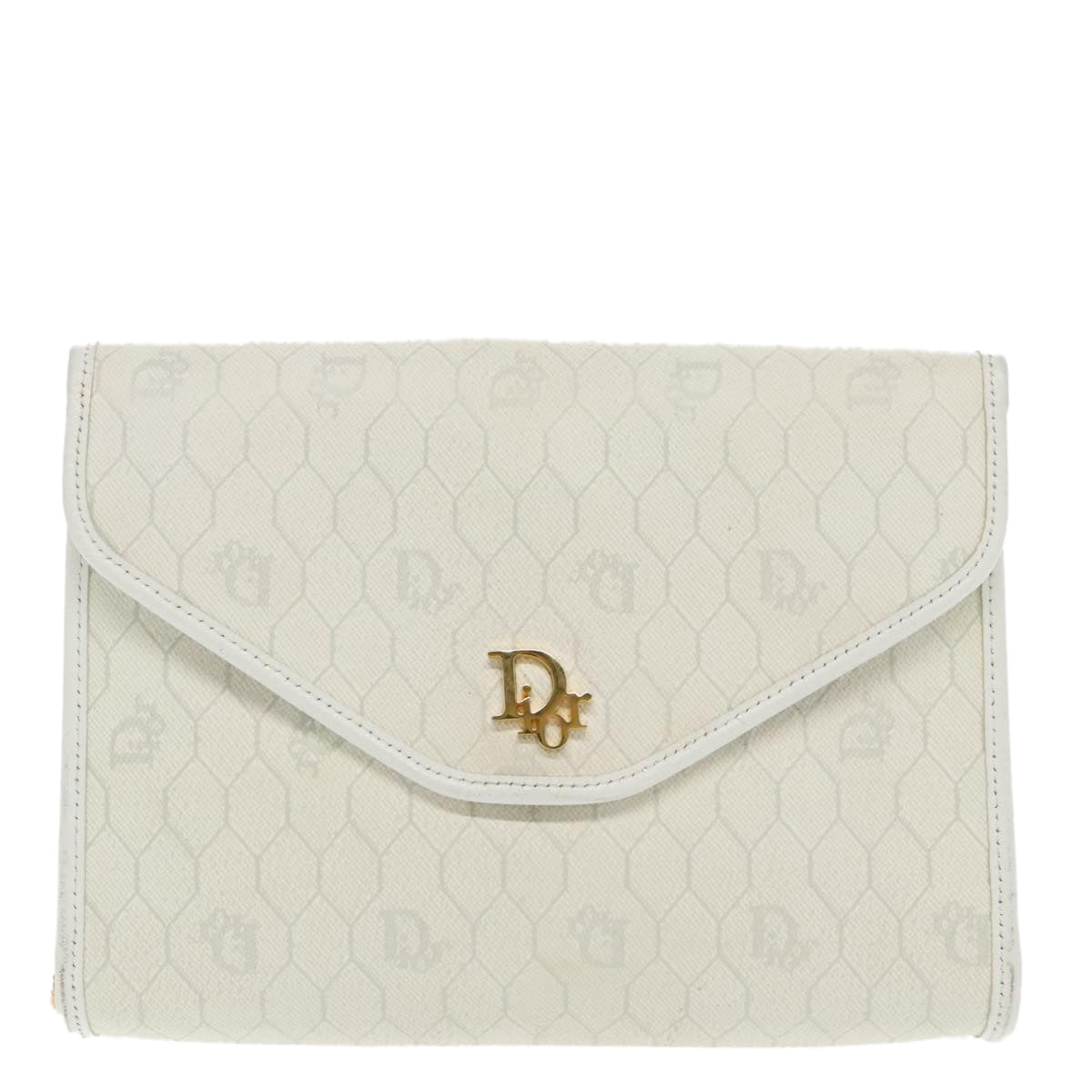 Christian Dior Honeycomb Canvas Chain Shoulder Bag PVC White Gold Auth 95523