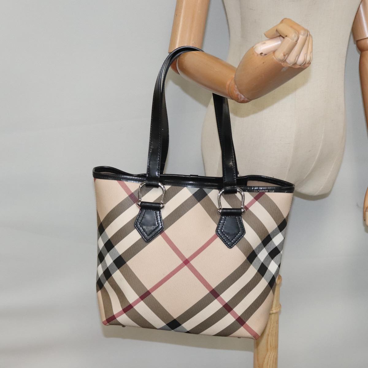 BURBERRY Nova Check Tote Bag PVC Beige Silver Auth 95524