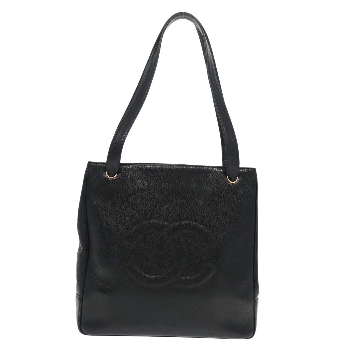 CHANEL COCO Mark Tote Bag Caviar Skin Black Gold CC Auth 95534