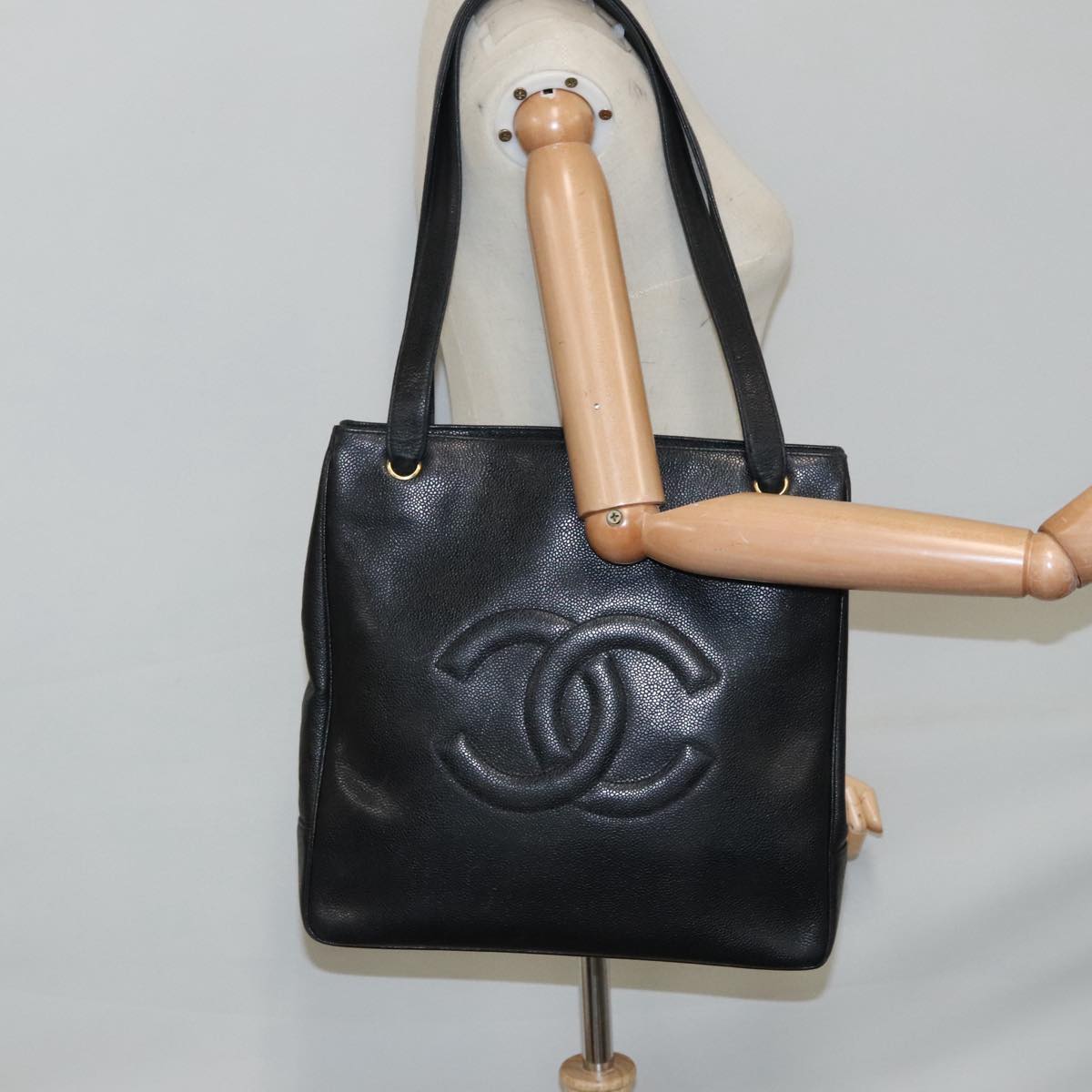 CHANEL COCO Mark Tote Bag Caviar Skin Black Gold CC Auth 95534