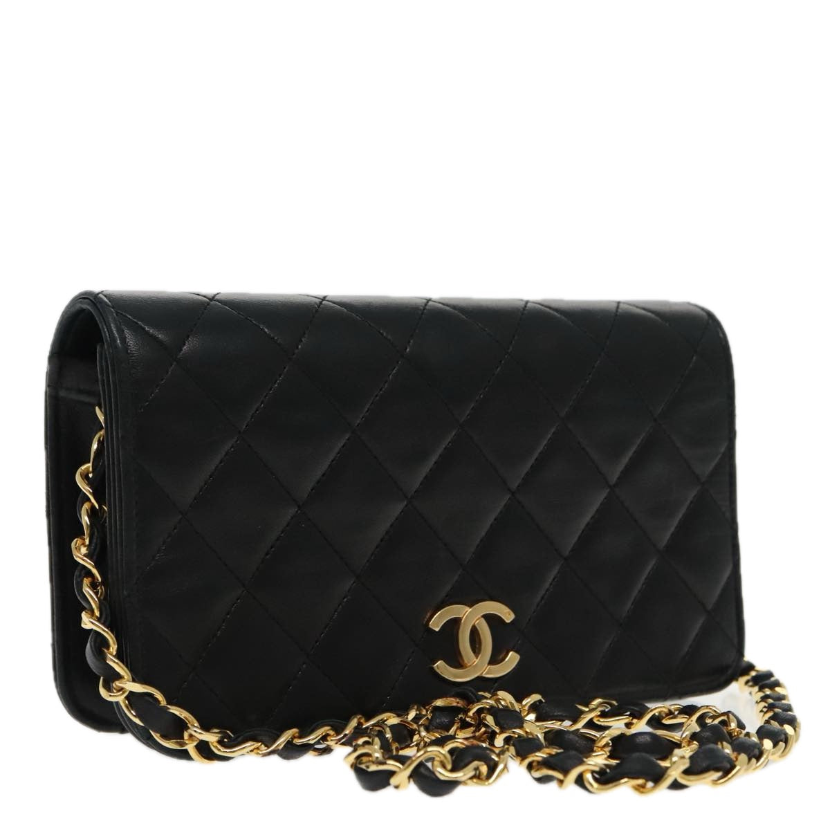 CHANEL Matelasse Chain Shoulder Bag Lamb Skin Black Gold CC Auth 95535