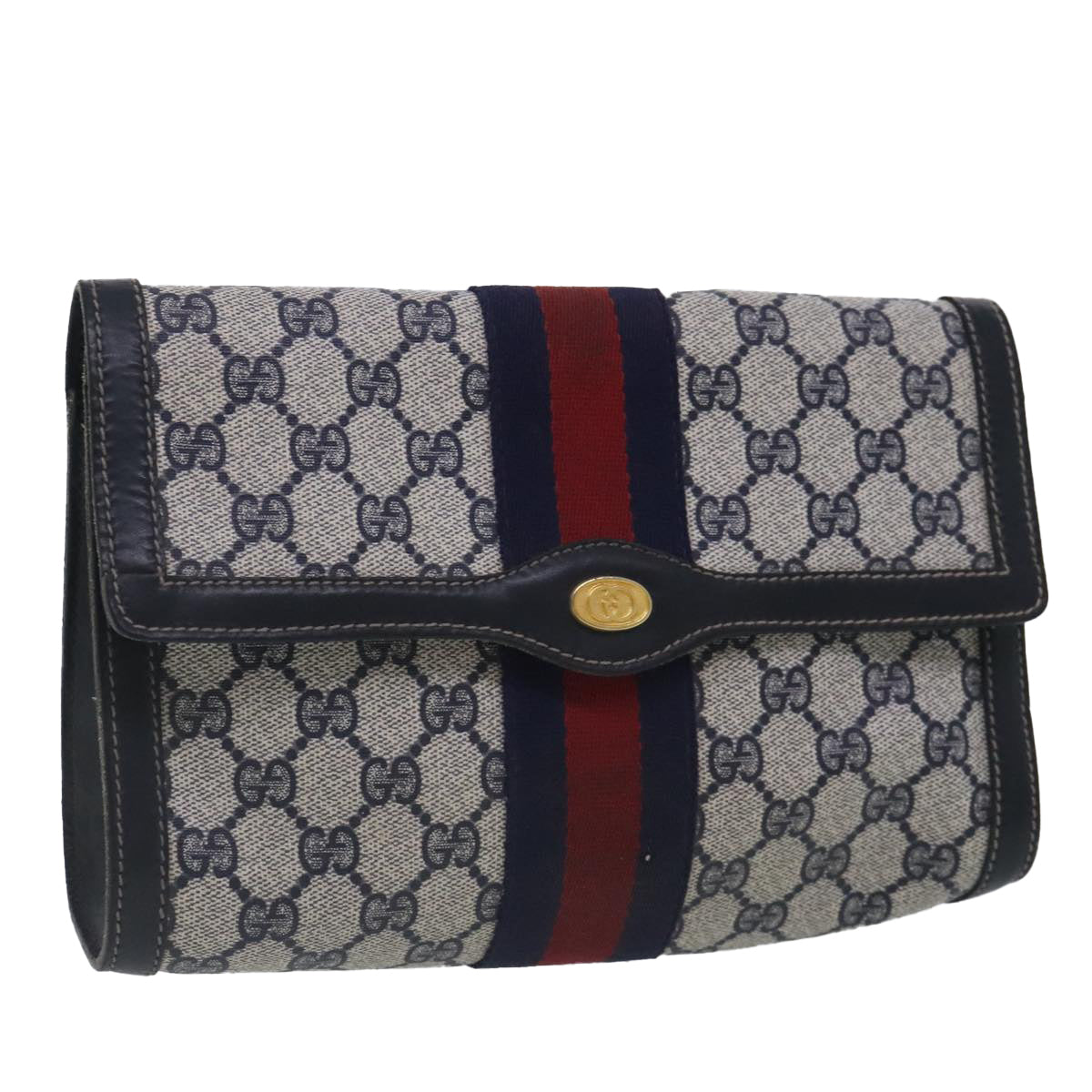 GUCCI GG Supreme Sherry Line Clutch Bag PVC Navy Red 67 014 3087 Auth 95543