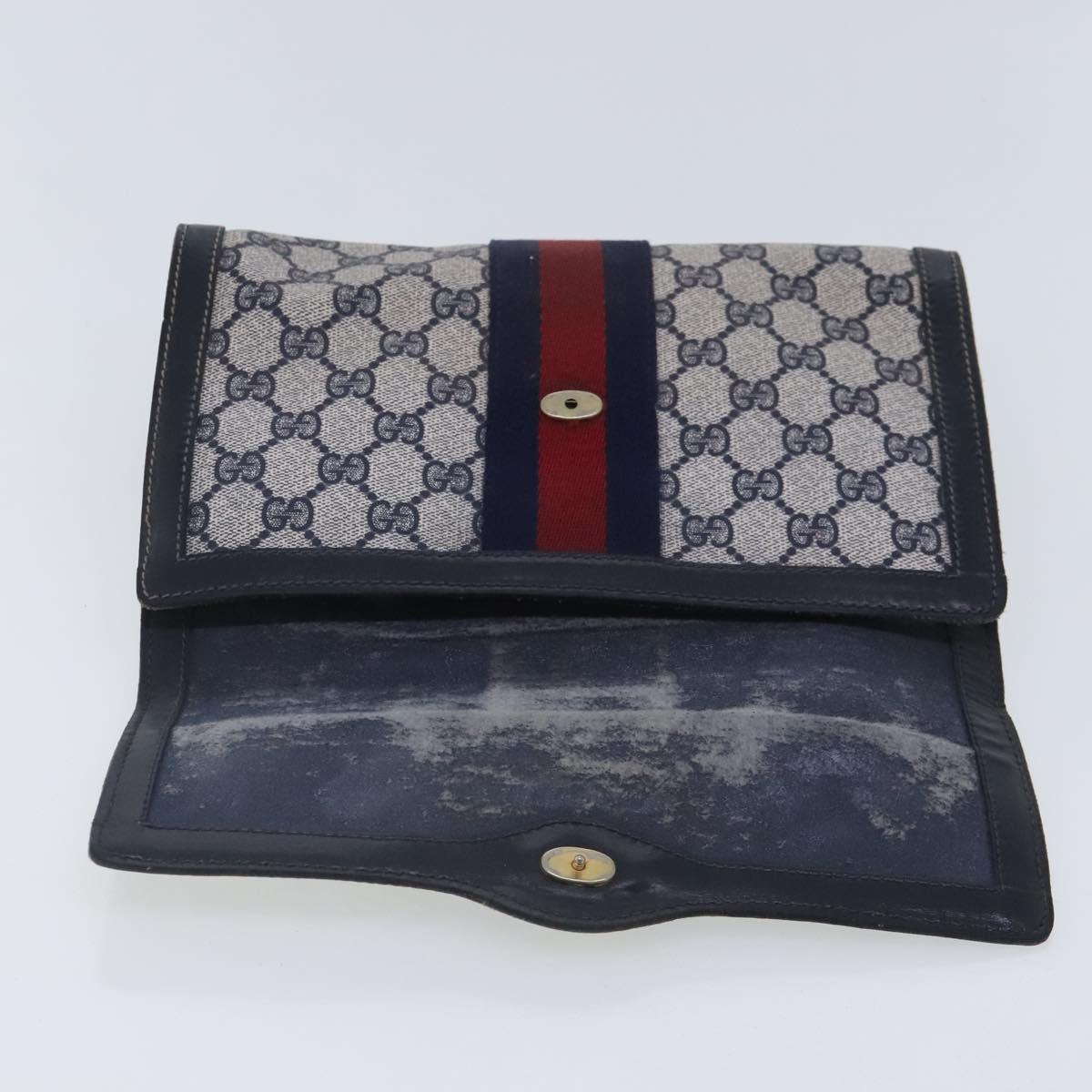 GUCCI GG Supreme Sherry Line Clutch Bag PVC Navy Red 67 014 3087 Auth 95543