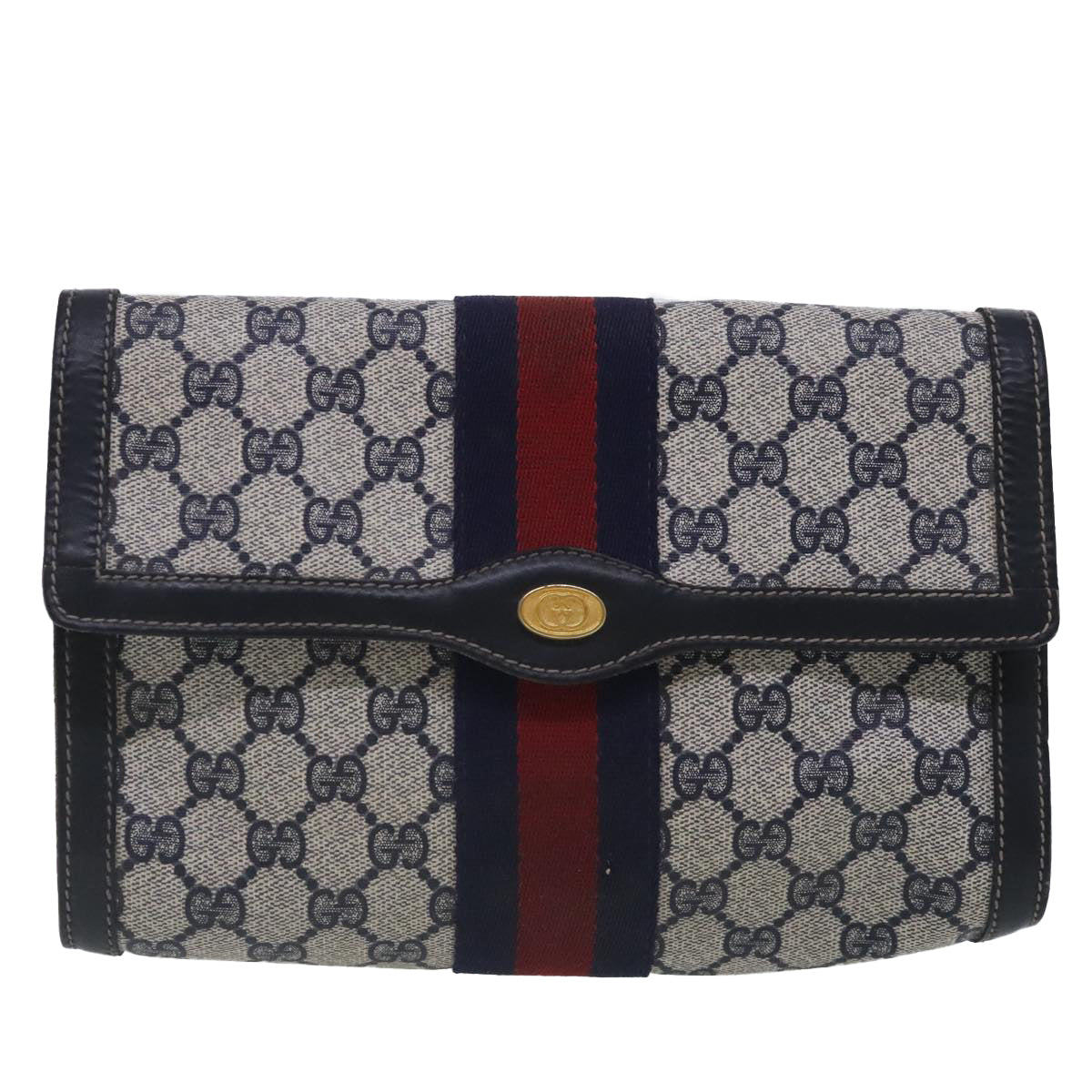 GUCCI GG Supreme Sherry Line Clutch Bag PVC Navy Red 67 014 3087 Auth 95543