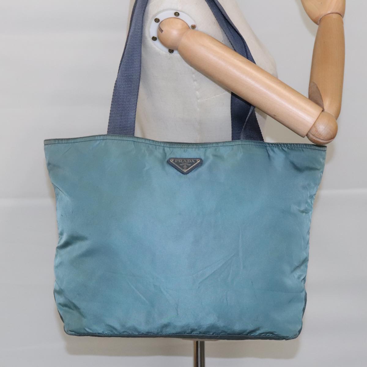 PRADA Tote Bag Nylon Blue Silver Auth 95554