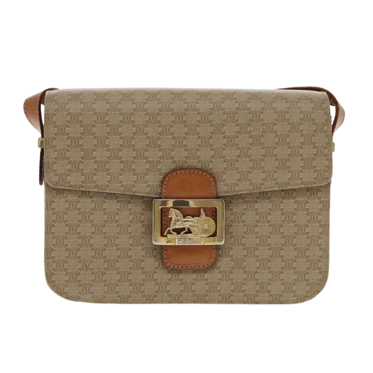 CELINE Macadam Canvas Horse Carriage Shoulder Bag Beige Gold Auth 95557