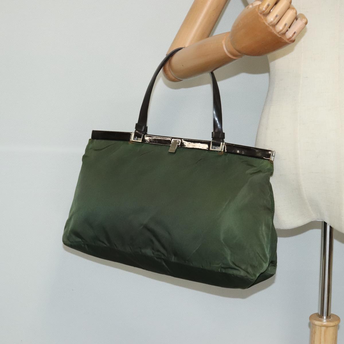 PRADA Tote Bag Nylon Green Silver Auth 95559