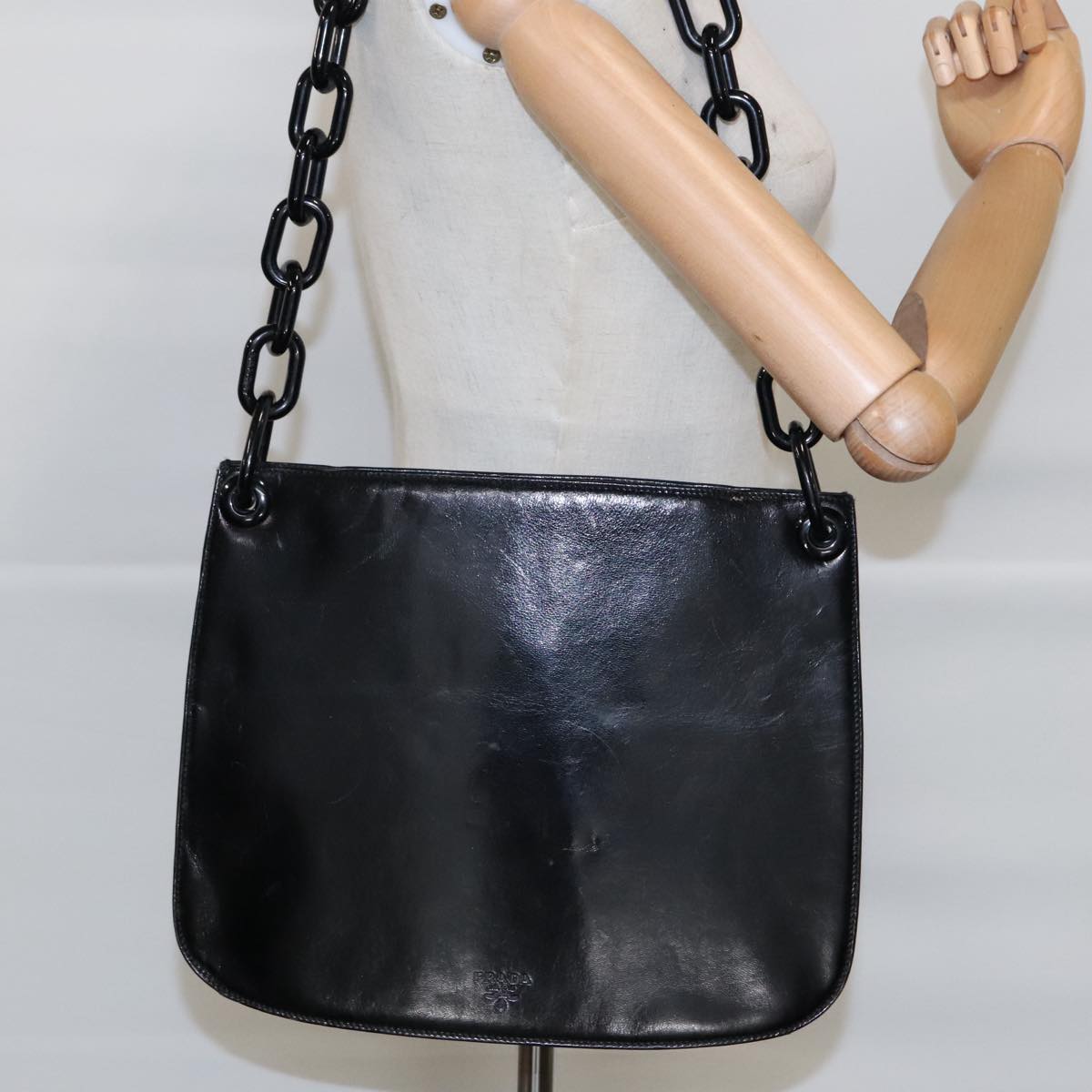 PRADA Chain Shoulder Bag Leather Black Auth 95574