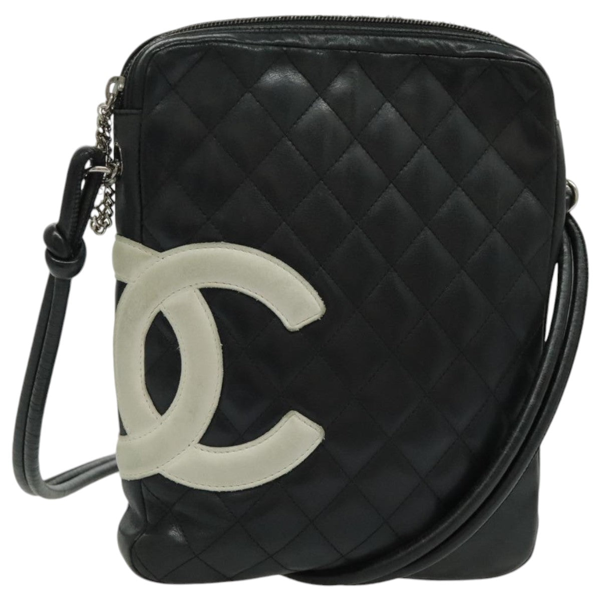 CHANEL Cambon Line Shoulder Bag Leather Black Silver white CC Auth 95596