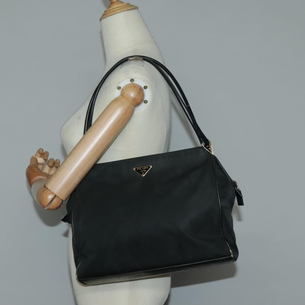 PRADA Hand Bag Nylon Black Gold Auth 95598