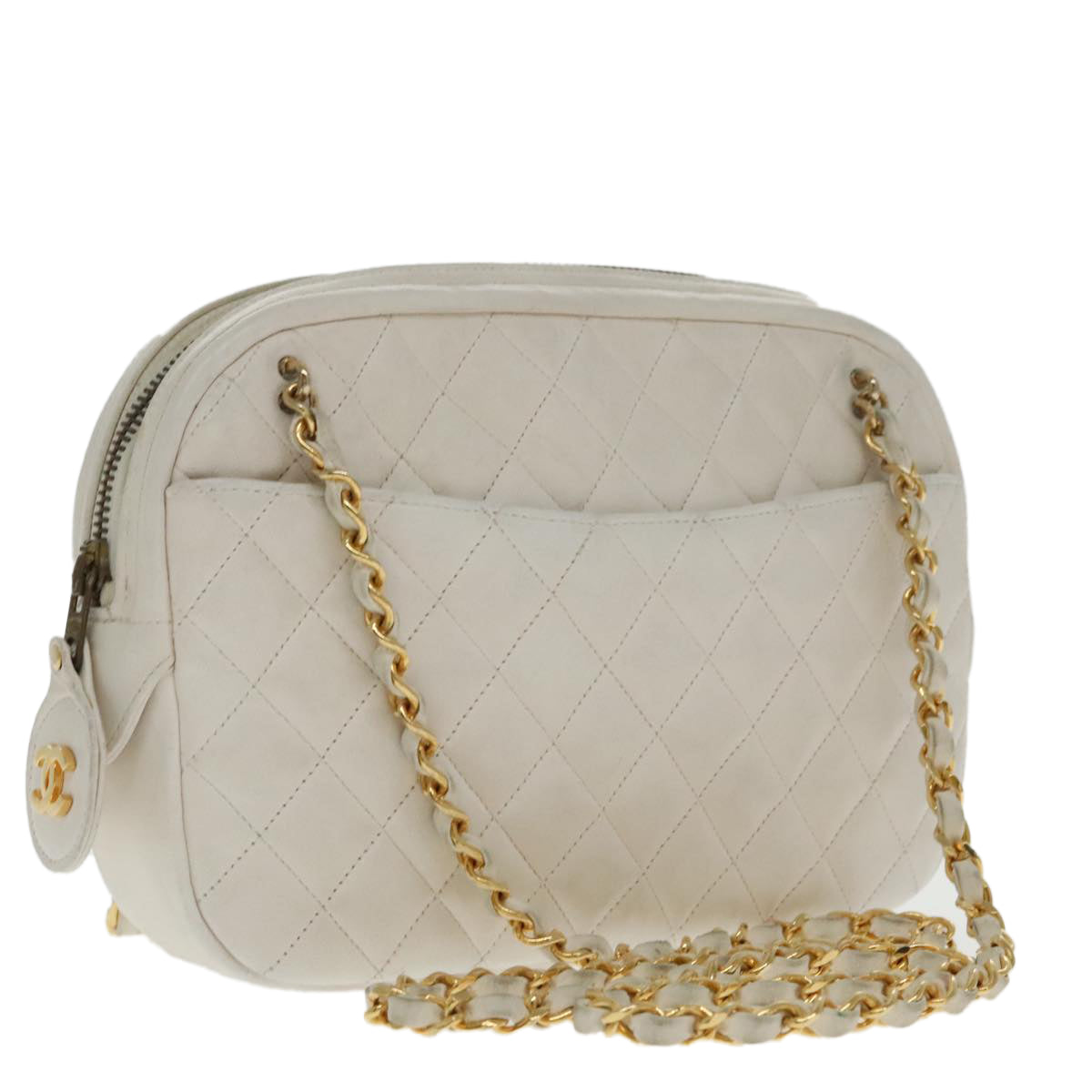 CHANEL Matelasse Chain Shoulder Bag Lamb Skin White Gold CC Auth 95603