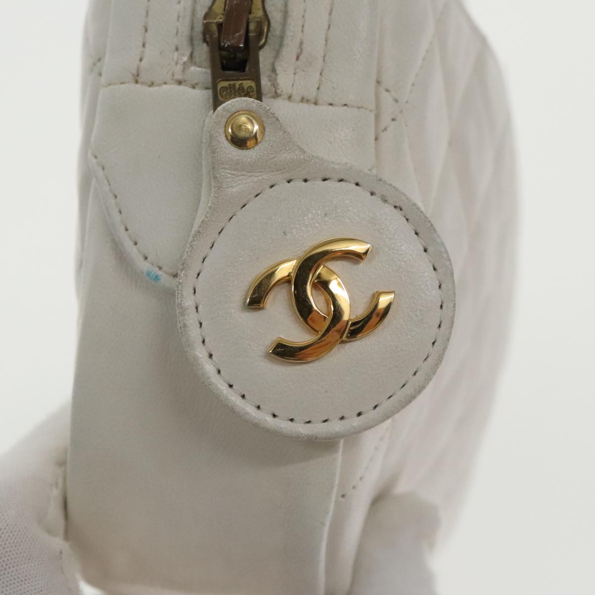 CHANEL Matelasse Chain Shoulder Bag Lamb Skin White Gold CC Auth 95603