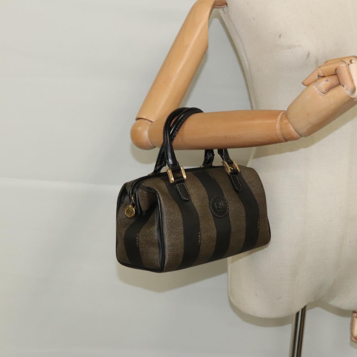 FENDI Pecan Canvas Mini Hand Bag Brown Black gold Auth 95610