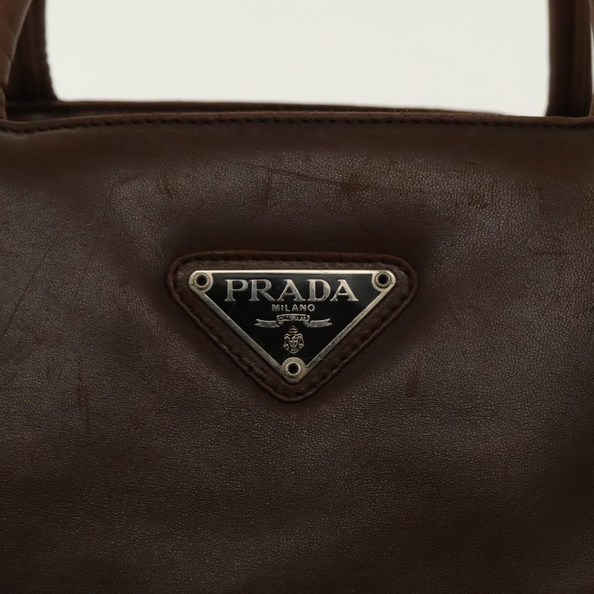 PRADA Hand Bag Leather Brown Silver Auth 95631