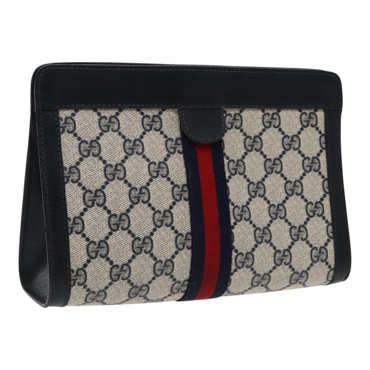 GUCCI GG Supreme Sherry Line Clutch Bag PVC Navy Red 89 01 001 Auth 95685