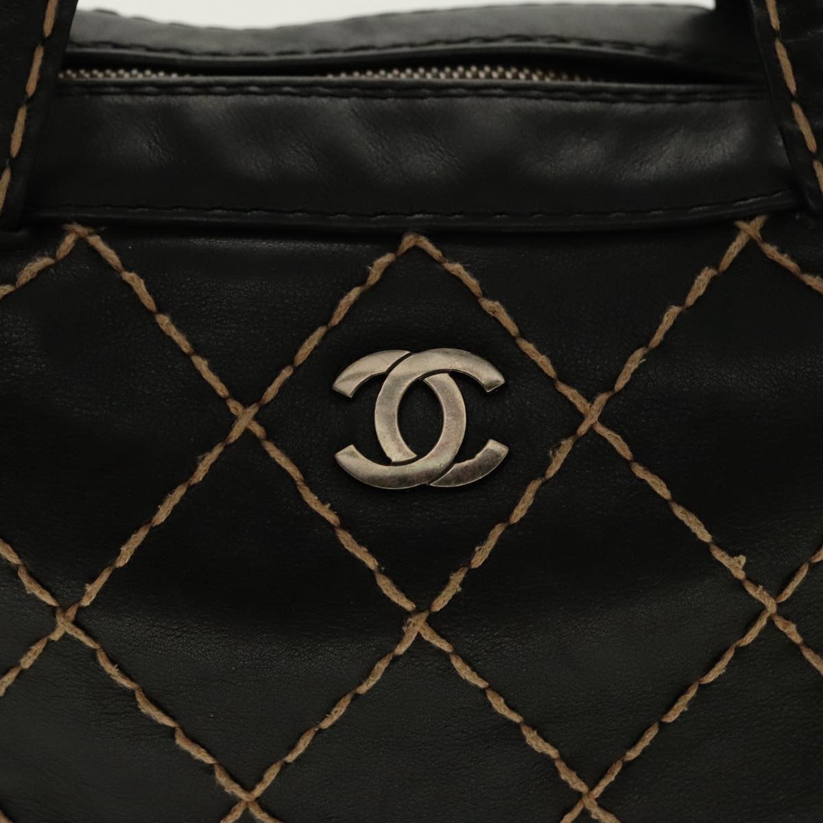 CHANEL Matelasse Wild Stitch Hand Bag Leather Black CC Auth 95716