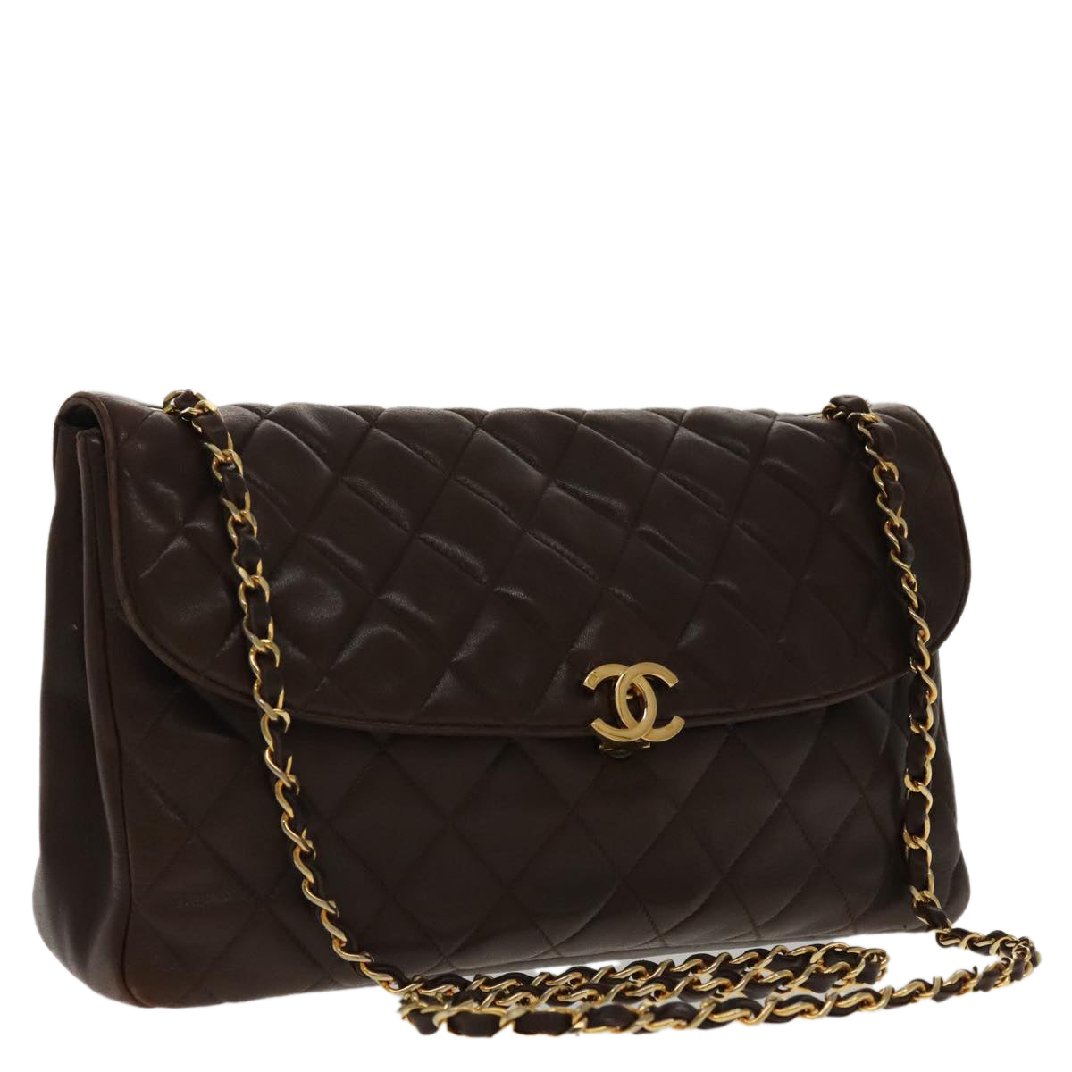 CHANEL Matelasse Chain Shoulder Bag Lamb Skin Brown Gold CC Auth 95717