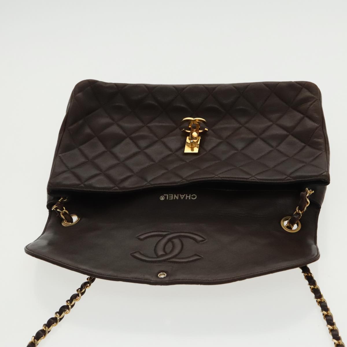 CHANEL Matelasse Chain Shoulder Bag Lamb Skin Brown Gold CC Auth 95717