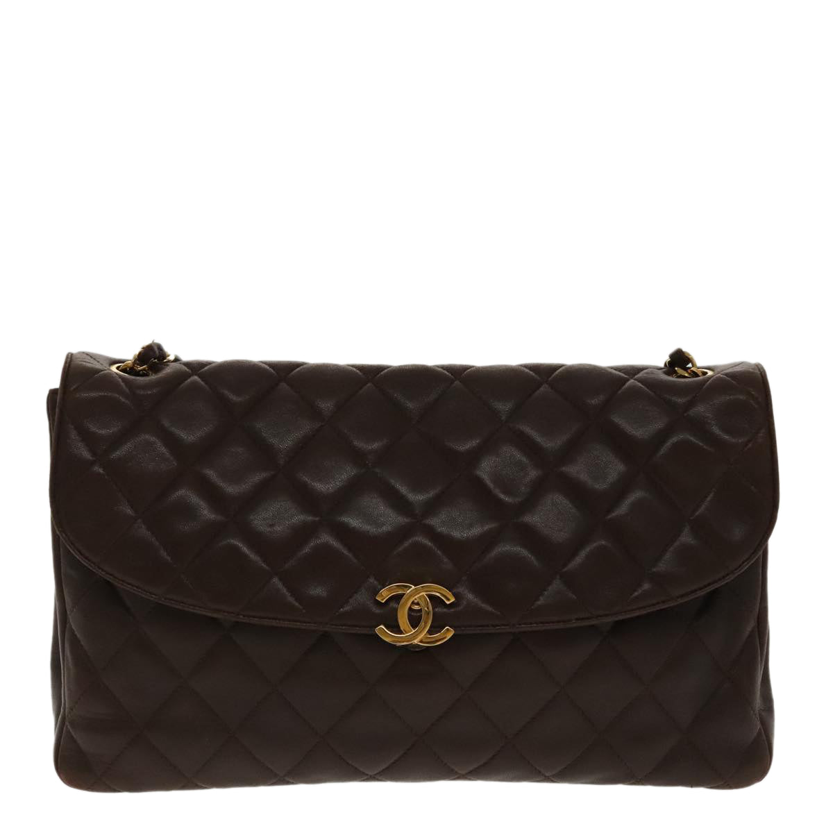 CHANEL Matelasse Chain Shoulder Bag Lamb Skin Brown Gold CC Auth 95717