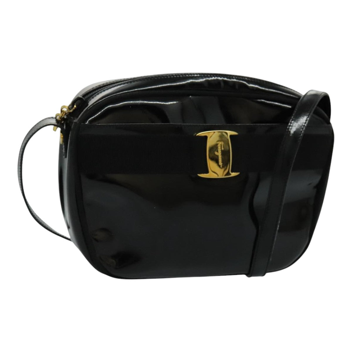 Salvatore Ferragamo Vala Shoulder Bag Enamel Black Gold Auth 95720