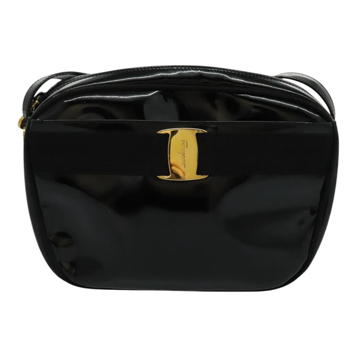 Salvatore Ferragamo Vala Shoulder Bag Enamel Black Gold Auth 95720