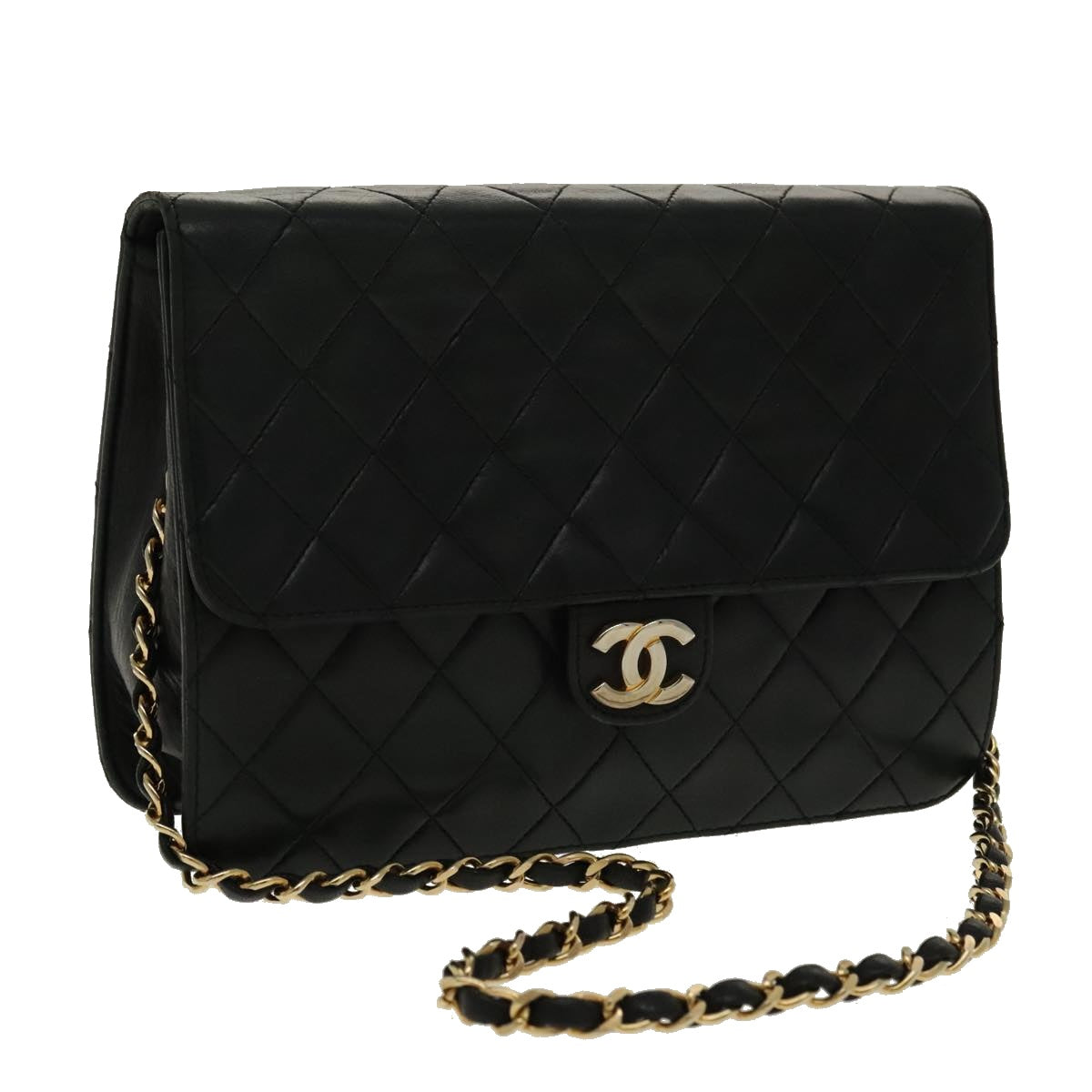 CHANEL Matelasse Chain Shoulder Bag Lamb Skin Navy Gold CC Auth 95722