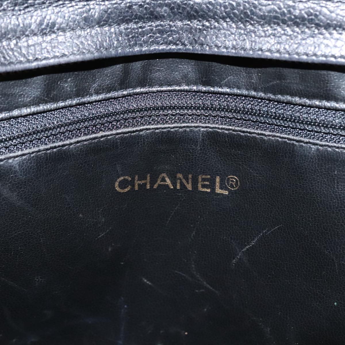 CHANEL V Stitch Hand Bag Caviar Skin Black Gold CC Auth 95729