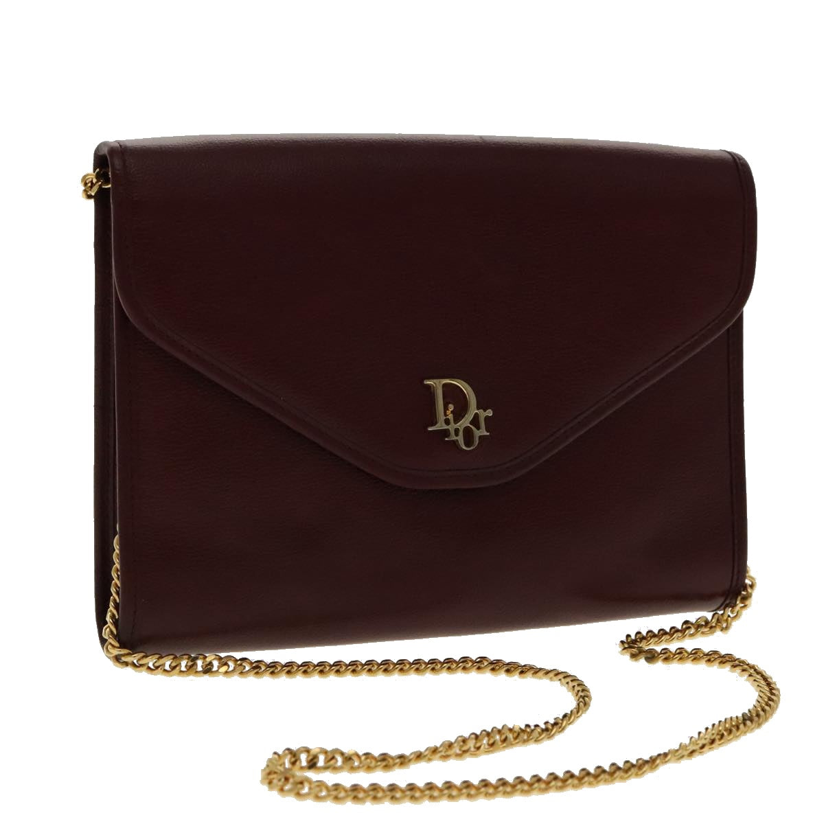 Christian Dior Chain Shoulder Bag Leather Bordeaux Gold Auth 95733