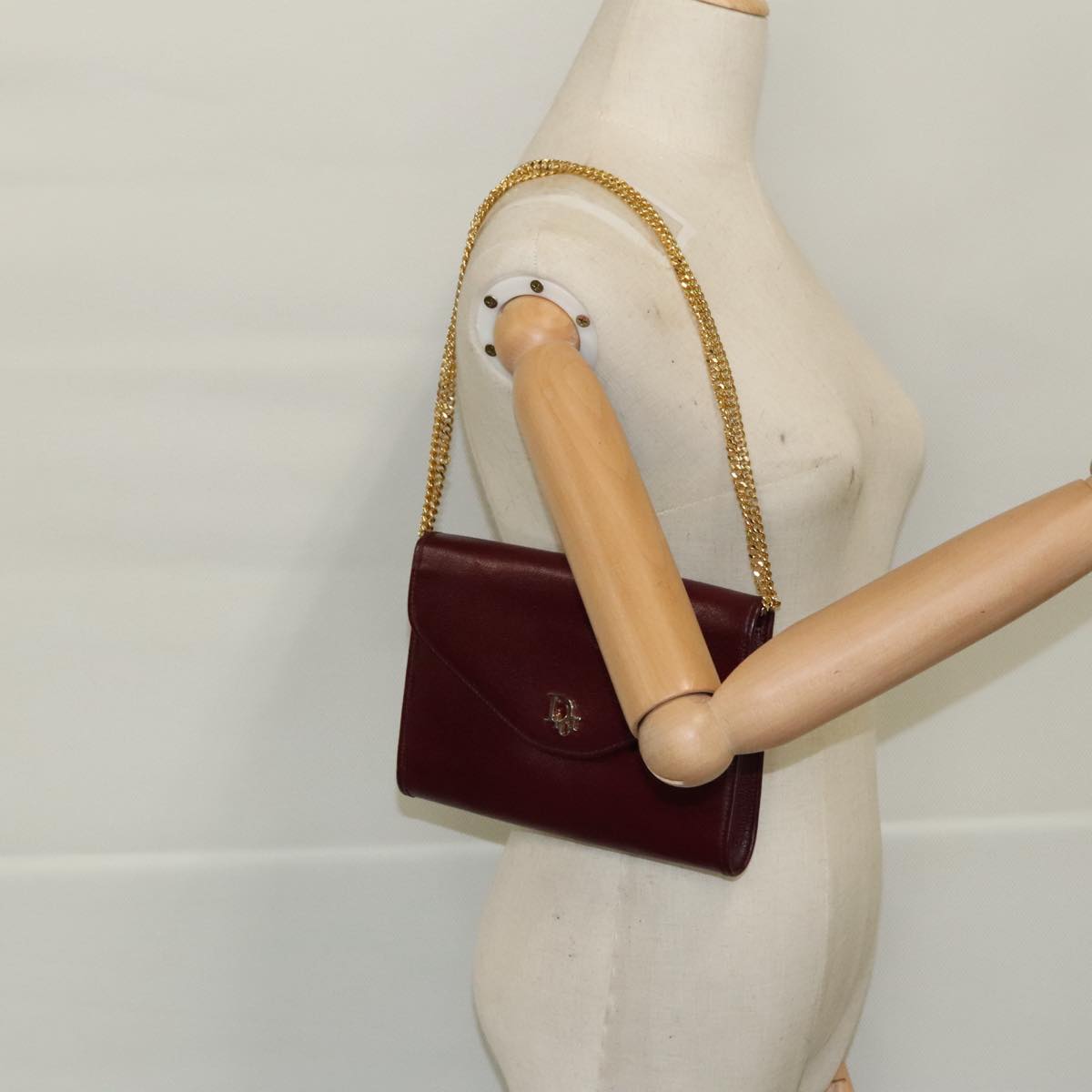 Christian Dior Chain Shoulder Bag Leather Bordeaux Gold Auth 95733