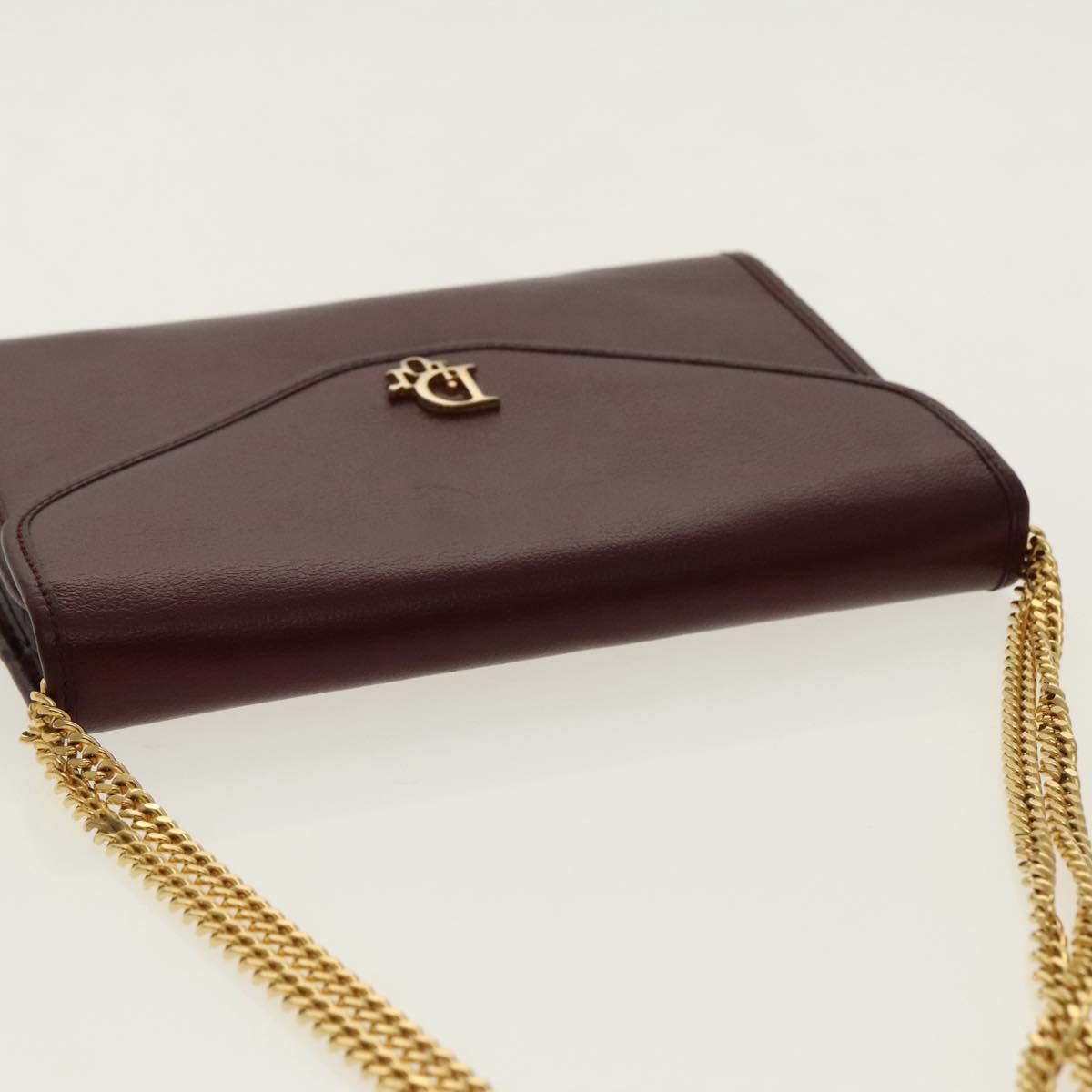 Christian Dior Chain Shoulder Bag Leather Bordeaux Gold Auth 95733