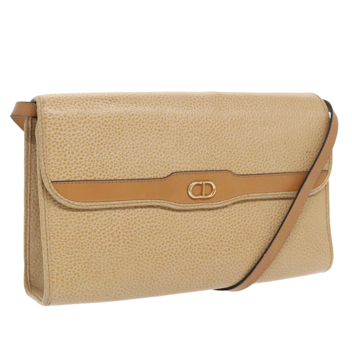 Christian Dior Shoulder Bag Leather Beige Gold Auth 95767